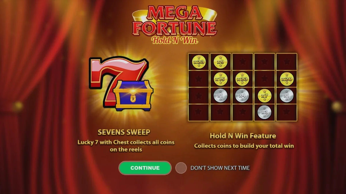 Interface do slot Mega Fortune Hold ‘n’ Win com símbolos clássicos e moedas